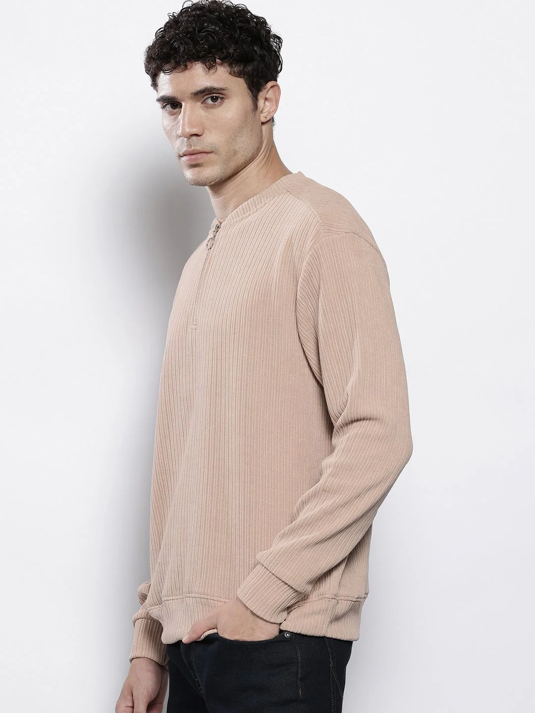 Men's Stone Relaxed Fit Solid Street Wear Sweatshirts - Image 4