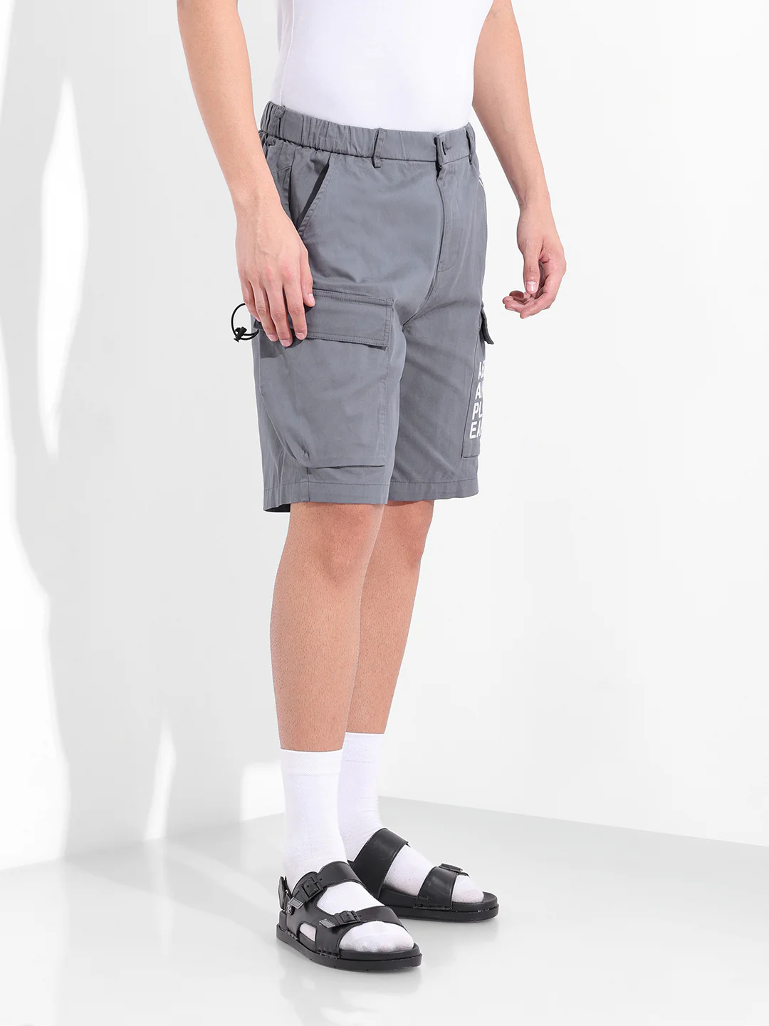 Men's Stone Blue Relaxed Fit Solid Utility Shorts - Image 3
