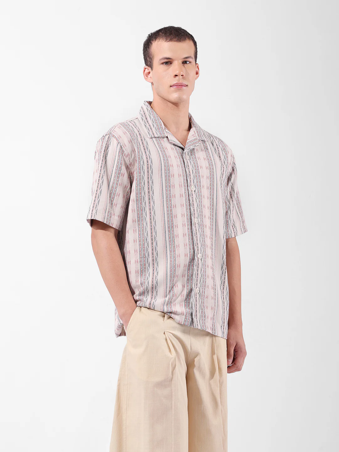 Men's Beige Relaxed Fit Striped Resort Wear Shirt - Image 3