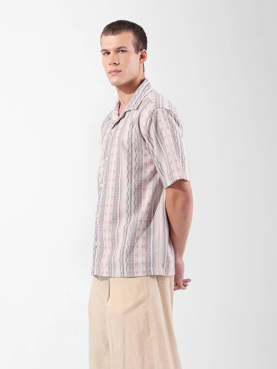 Men's Beige Relaxed Fit Striped Resort Wear Shirt - Image 4