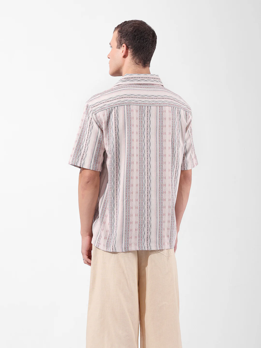 Men's Beige Relaxed Fit Striped Resort Wear Shirt - Image 5