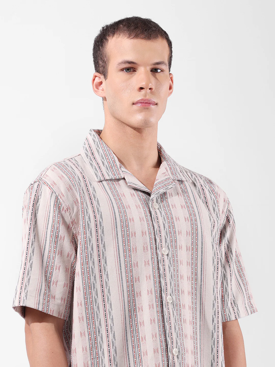 Men's Beige Relaxed Fit Striped Resort Wear Shirt - Image 6