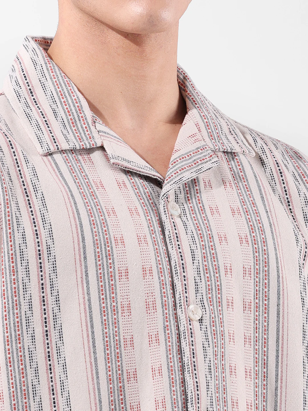 Men's Beige Relaxed Fit Striped Resort Wear Shirt - Image 7