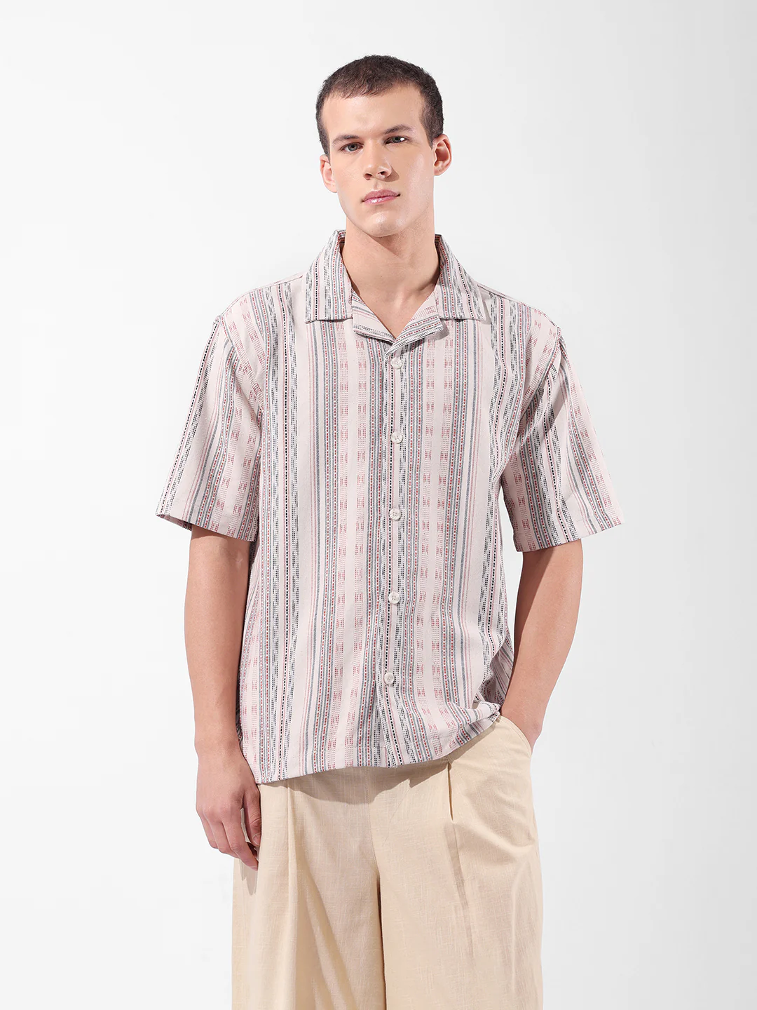 Men's Beige Relaxed Fit Striped Resort Wear Shirt - Image 8