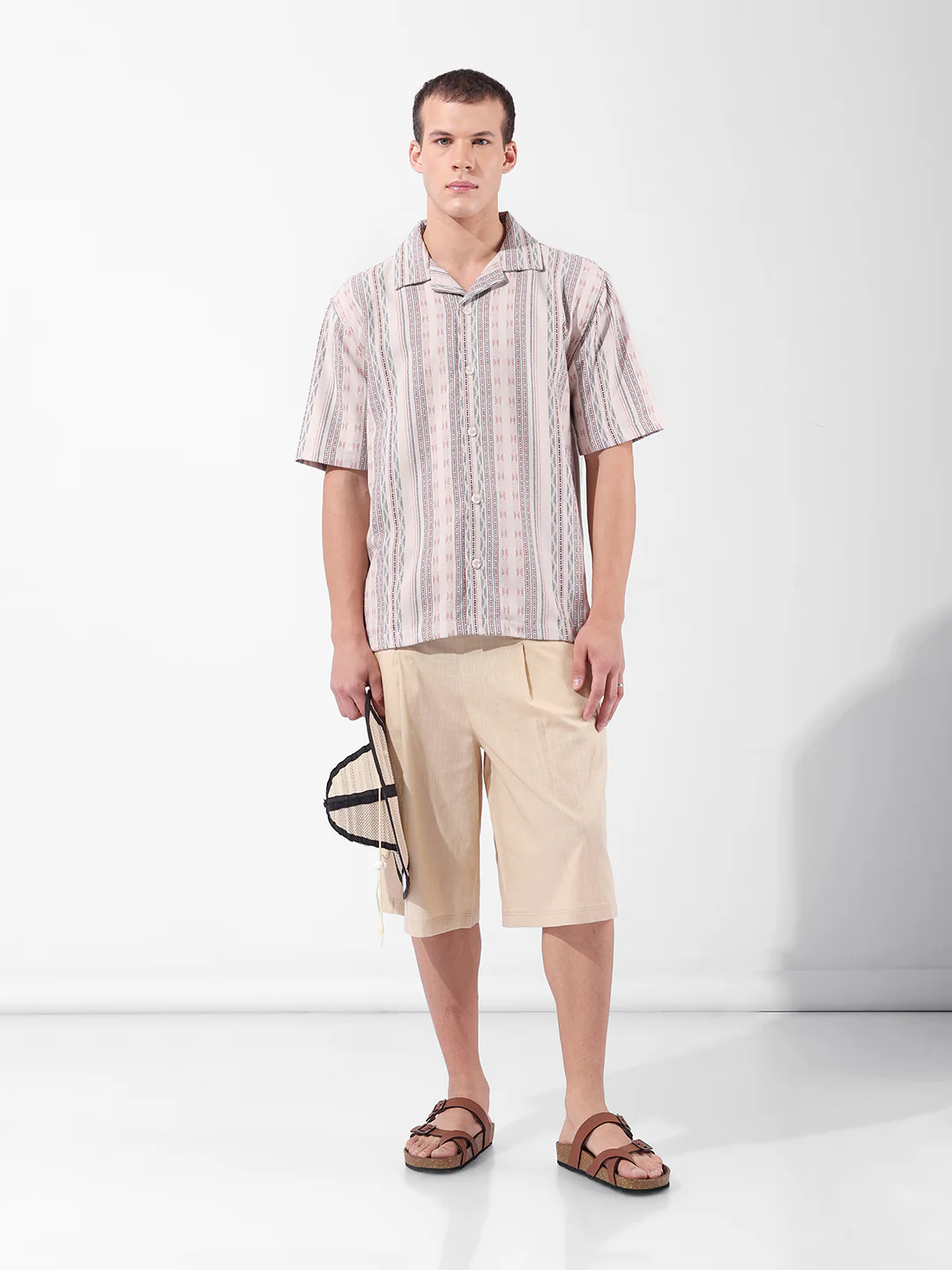 Men's Beige Relaxed Fit Striped Resort Wear Shirt - Image 9