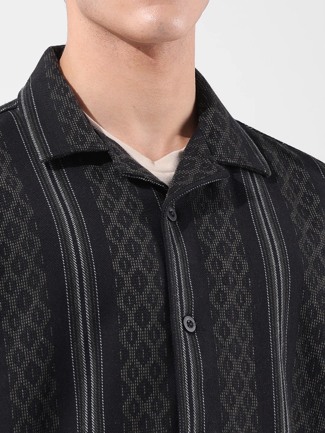 Men's Black Relaxed Fit Striped Resort Wear Shirt - Image 6