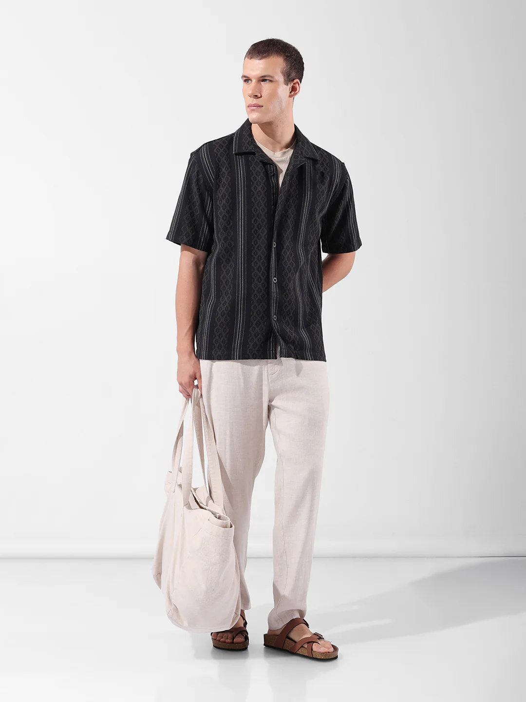 Men's Black Relaxed Fit Striped Resort Wear Shirt - Image 8