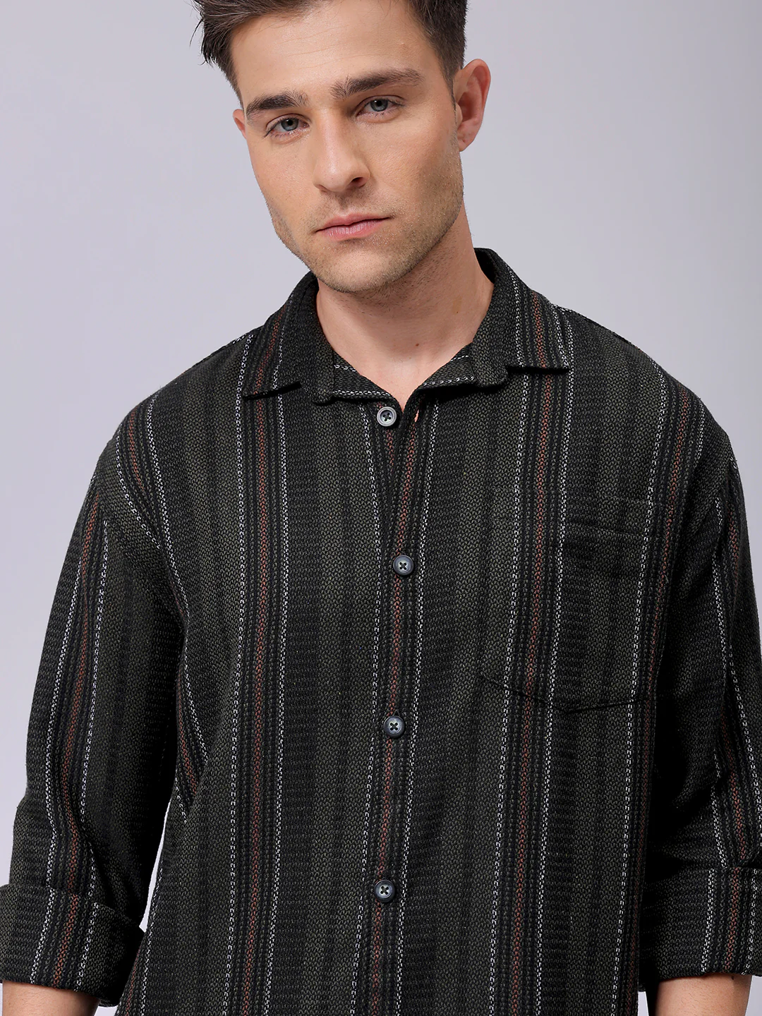 Men's Black Relaxed Fit Striped Casual Shirt - Image 2
