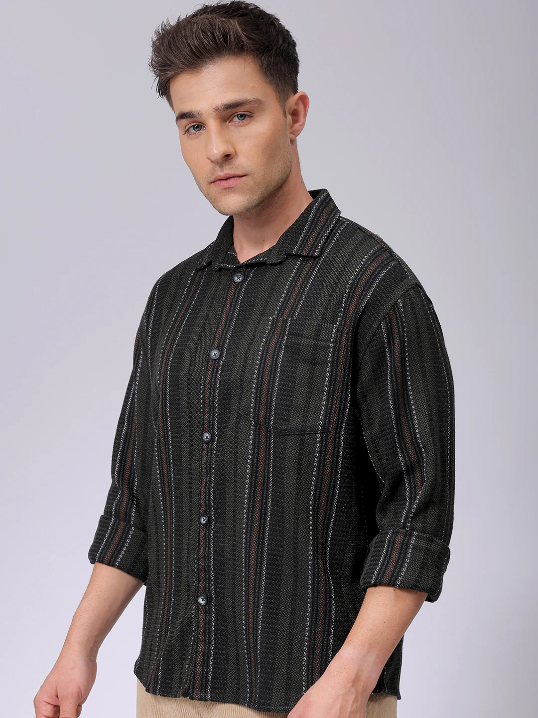 Men's Black Relaxed Fit Striped Casual Shirt - Image 3