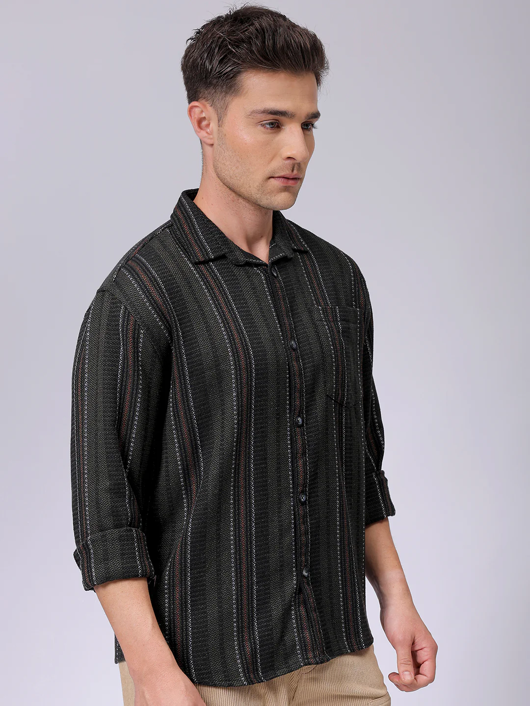 Men's Black Relaxed Fit Striped Casual Shirt - Image 5