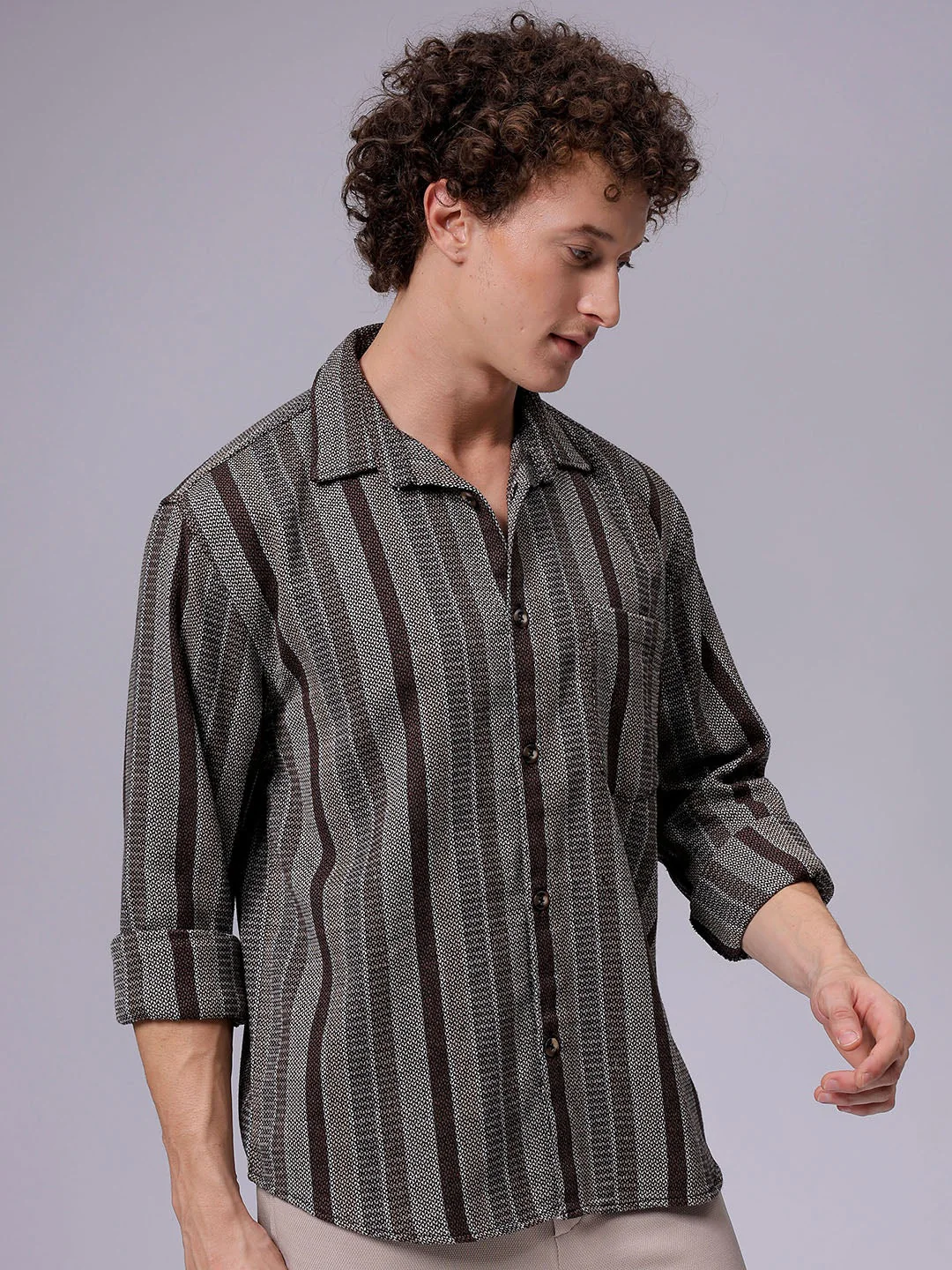 Men's Khaki Relaxed Fit Striped Casual Shirt - Image 2