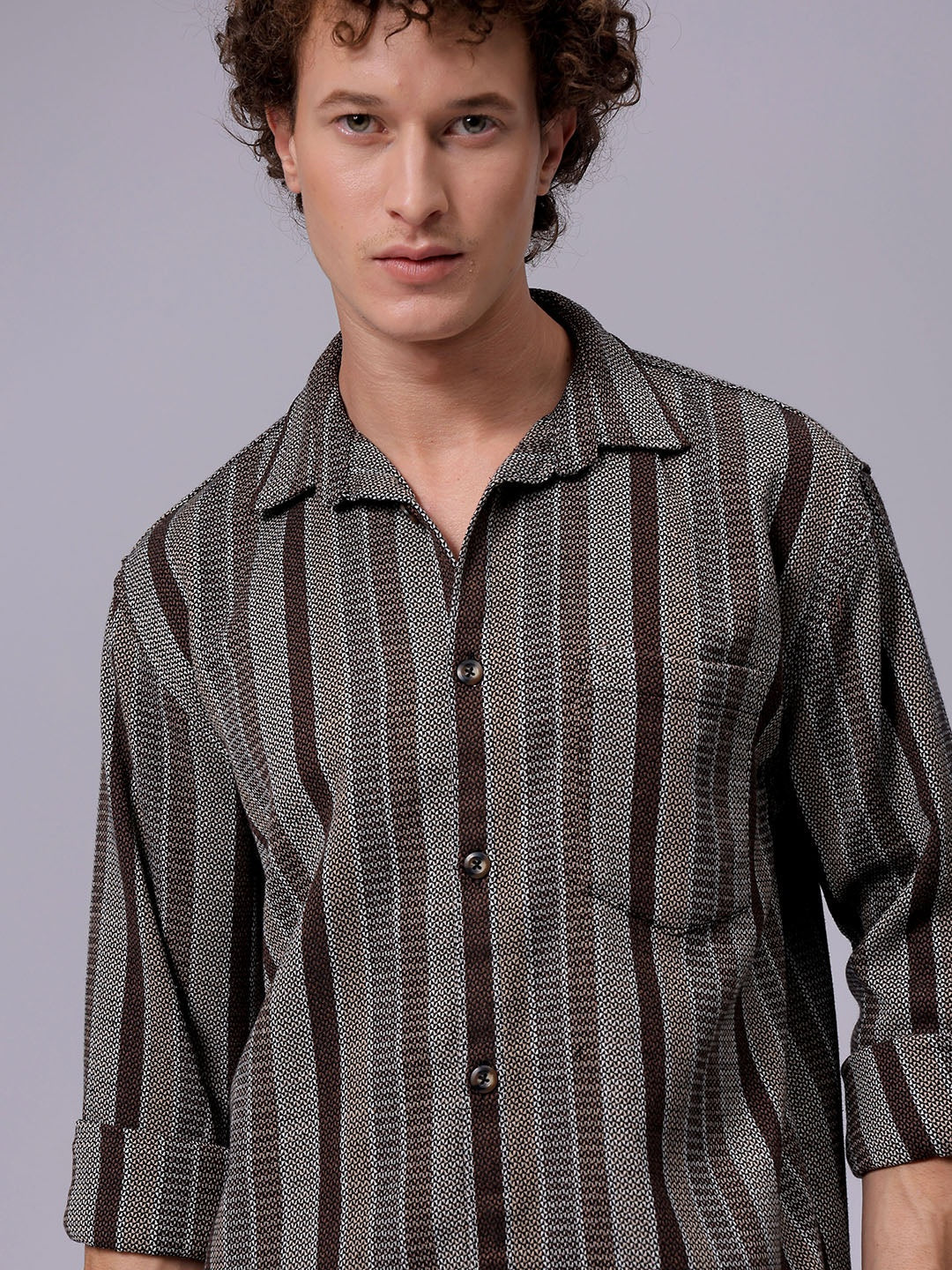 Men's Khaki Relaxed Fit Striped Casual Shirt - Image 3