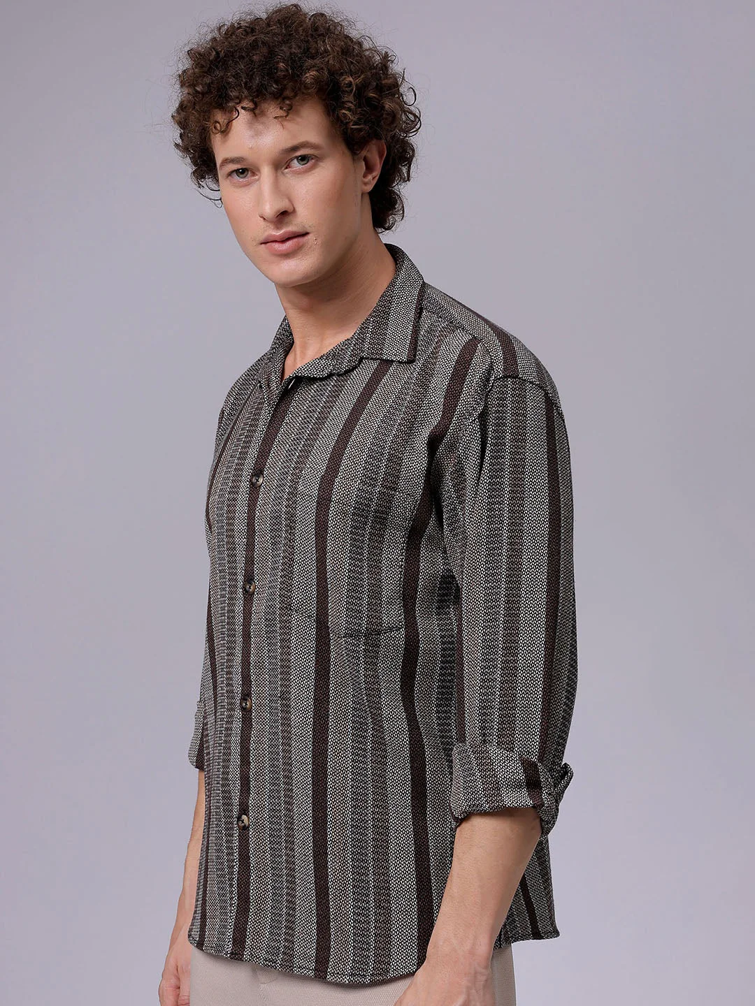 Men's Khaki Relaxed Fit Striped Casual Shirt - Image 4