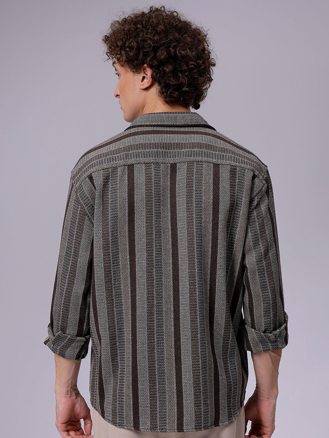 Men's Khaki Relaxed Fit Striped Casual Shirt - Image 5