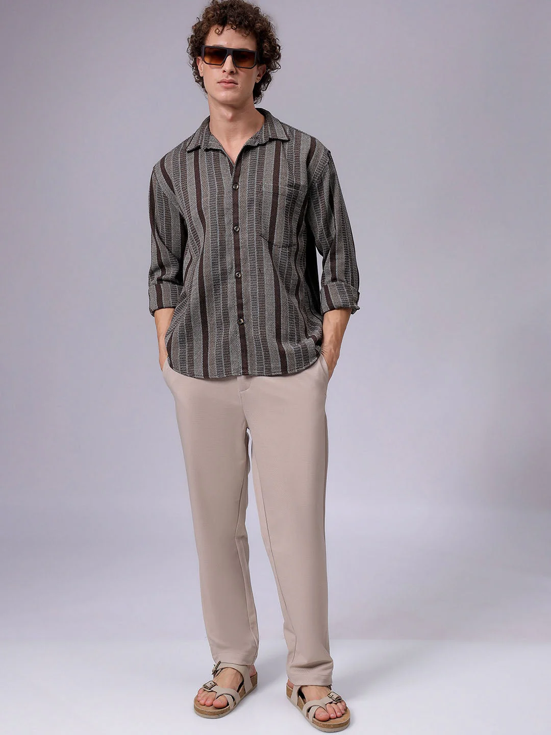Men's Khaki Relaxed Fit Striped Casual Shirt - Image 6