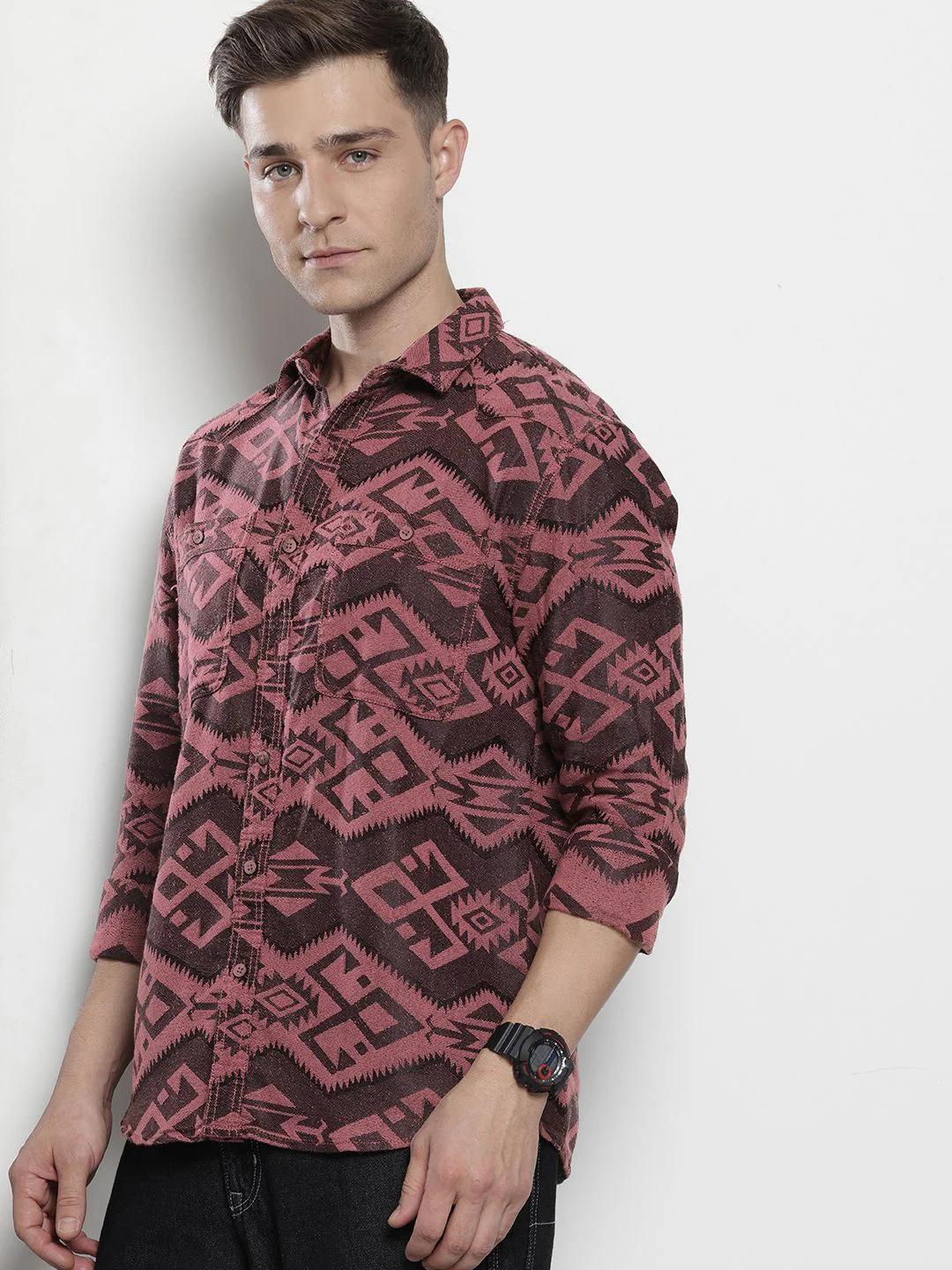 Men's Pink Relaxed Fit Textured Casual Shirt - Image 2