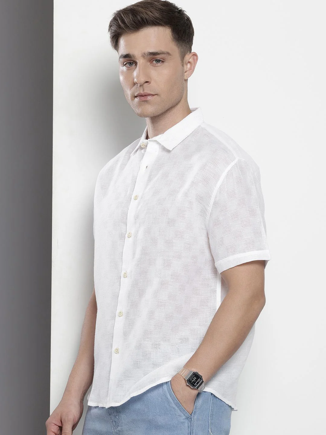 Men's White Relaxed Fit Textured Resort Wear Shirt - Image 2