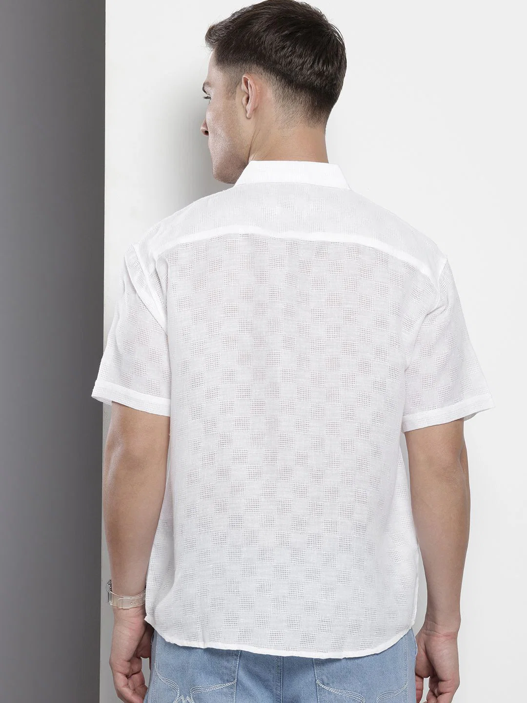 Men's White Relaxed Fit Textured Resort Wear Shirt - Image 4