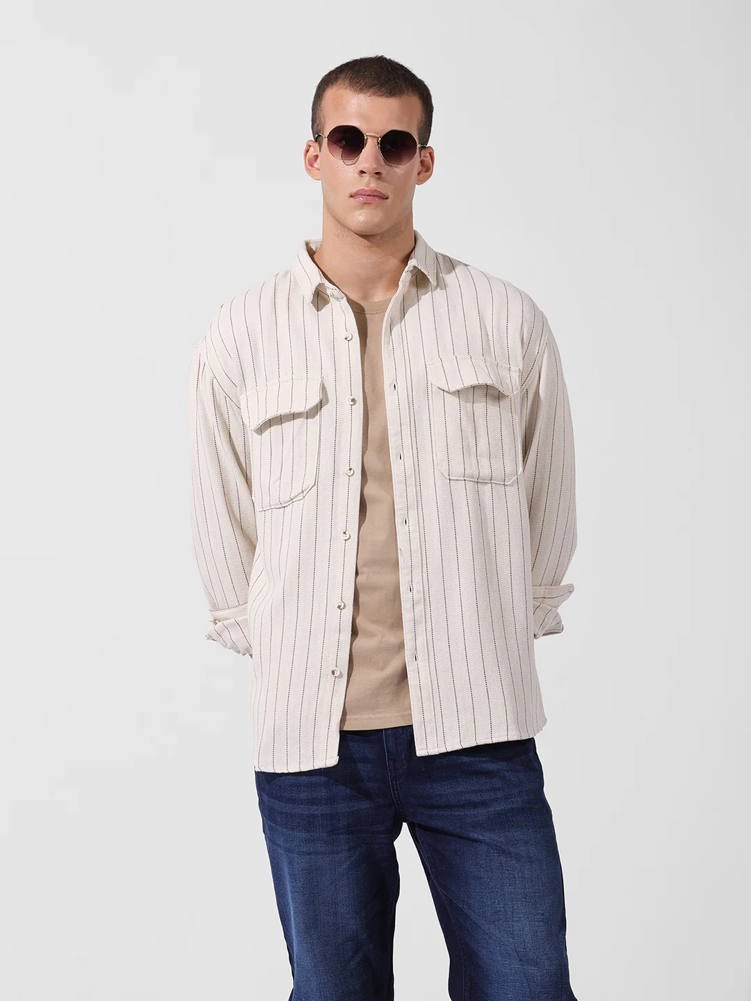 Men's Off White White Relaxed Fit Striped Casual Shirt - Image 2
