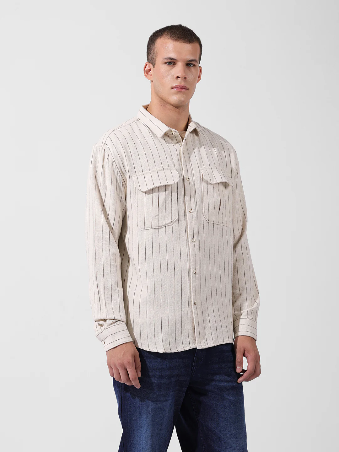 Men's Off White White Relaxed Fit Striped Casual Shirt - Image 4