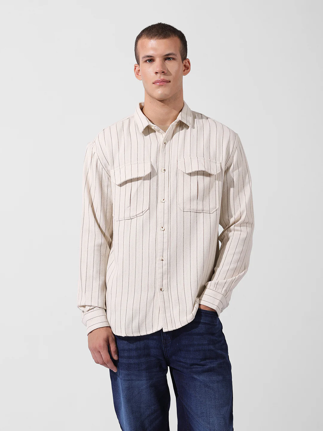Men's Off White White Relaxed Fit Striped Casual Shirt - Image 8