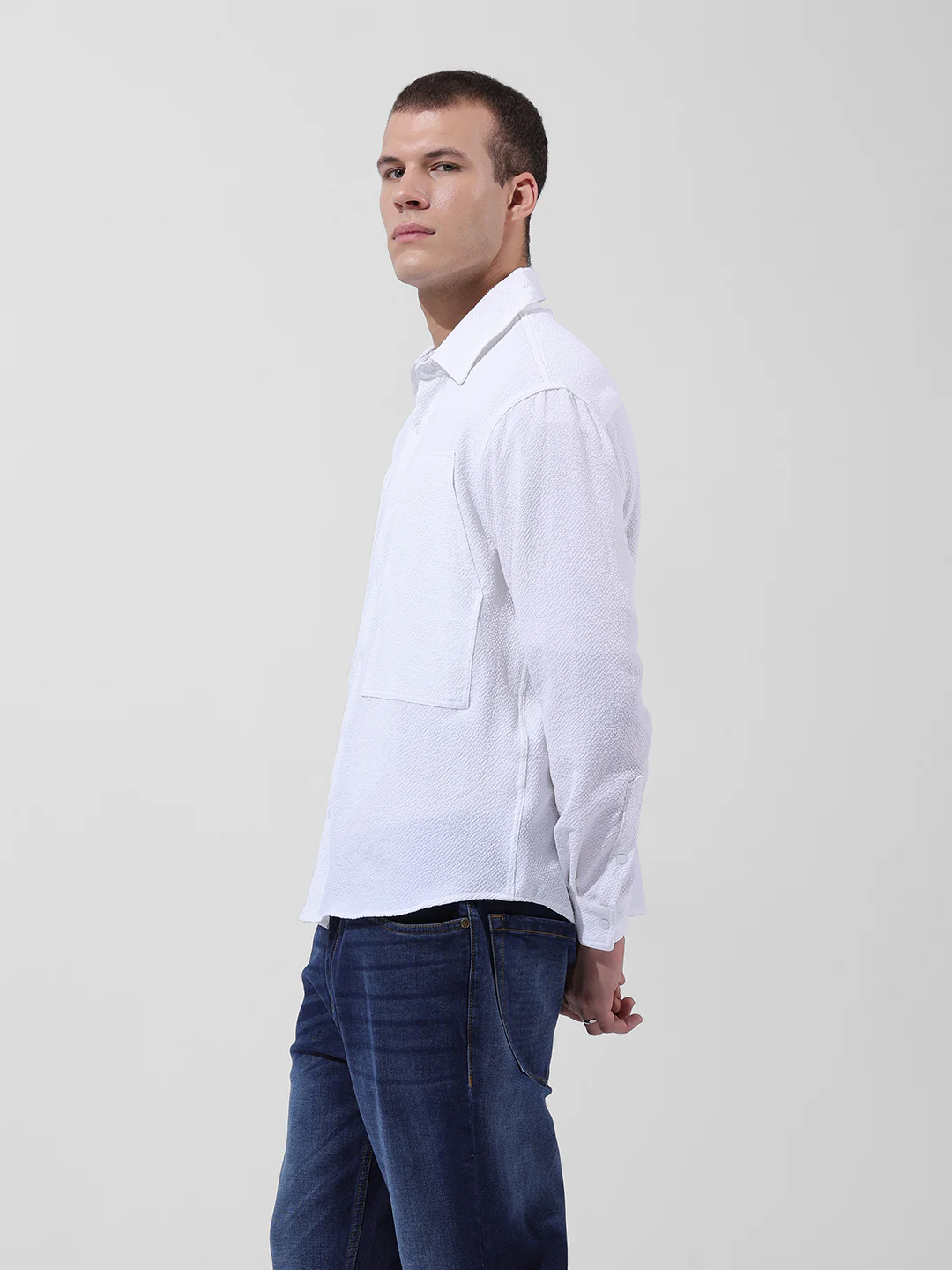 Men's White Relaxed Fit Solid Utility Shirt - Image 2