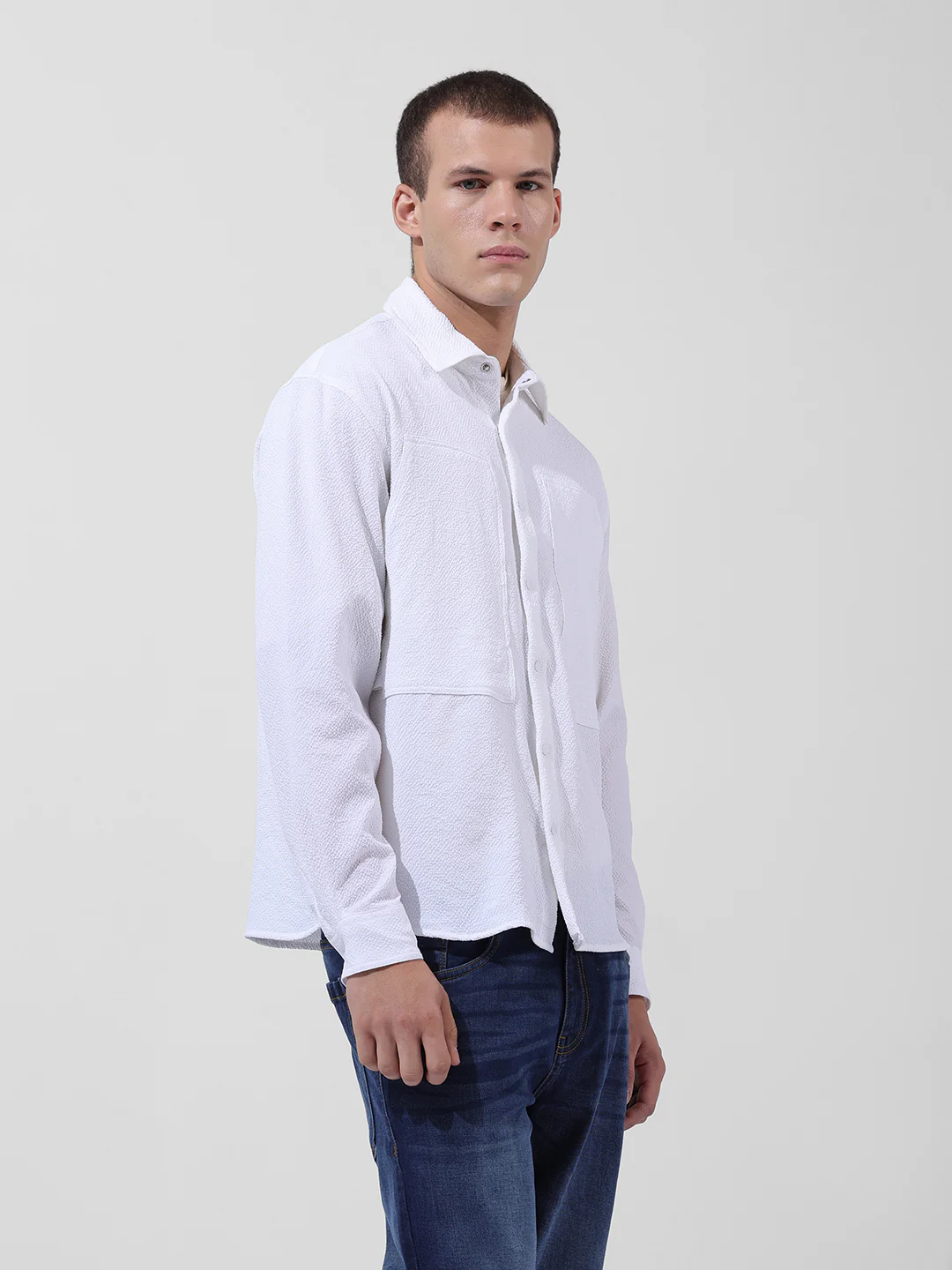 Men's White Relaxed Fit Solid Utility Shirt - Image 3