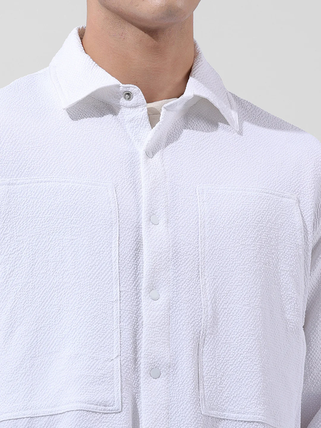 Men's White Relaxed Fit Solid Utility Shirt - Image 4