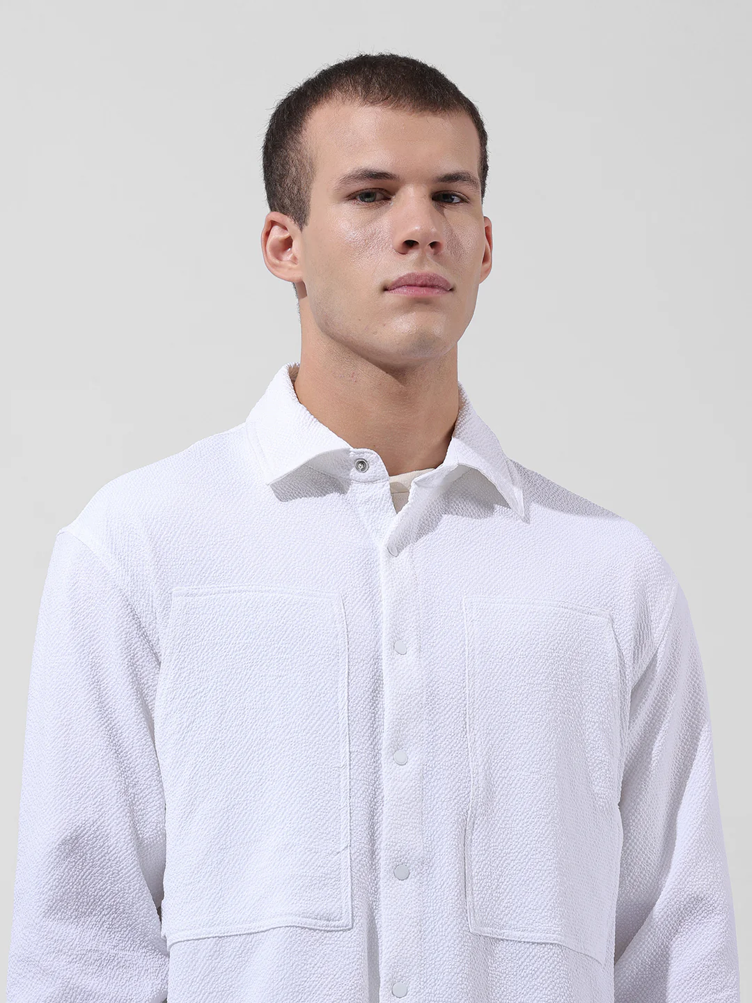Men's White Relaxed Fit Solid Utility Shirt - Image 5