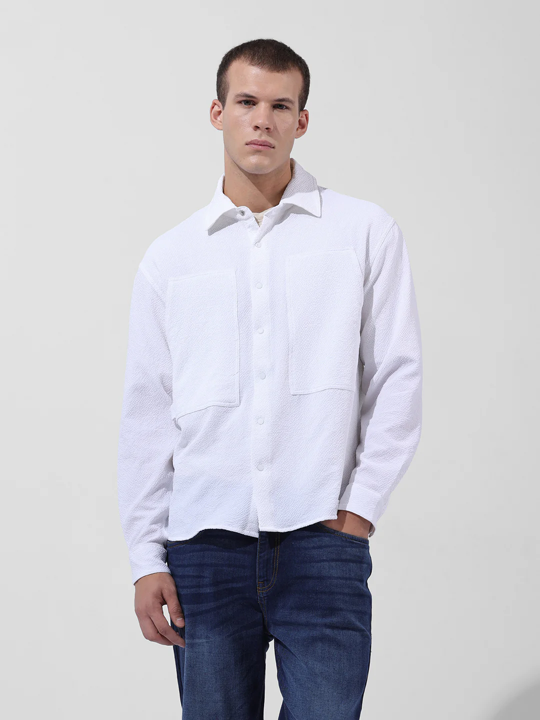 Men's White Relaxed Fit Solid Utility Shirt - Image 6