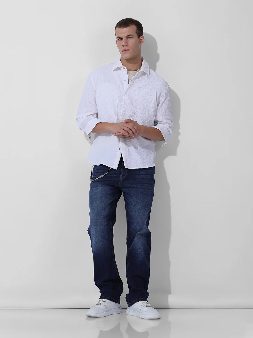 Men's White Relaxed Fit Solid Utility Shirt - Image 7