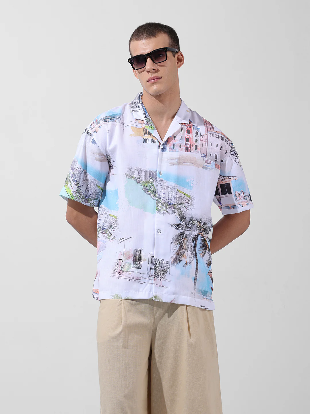 Men's White Relaxed Fit Printed Resort Wear Shirt - Image 2