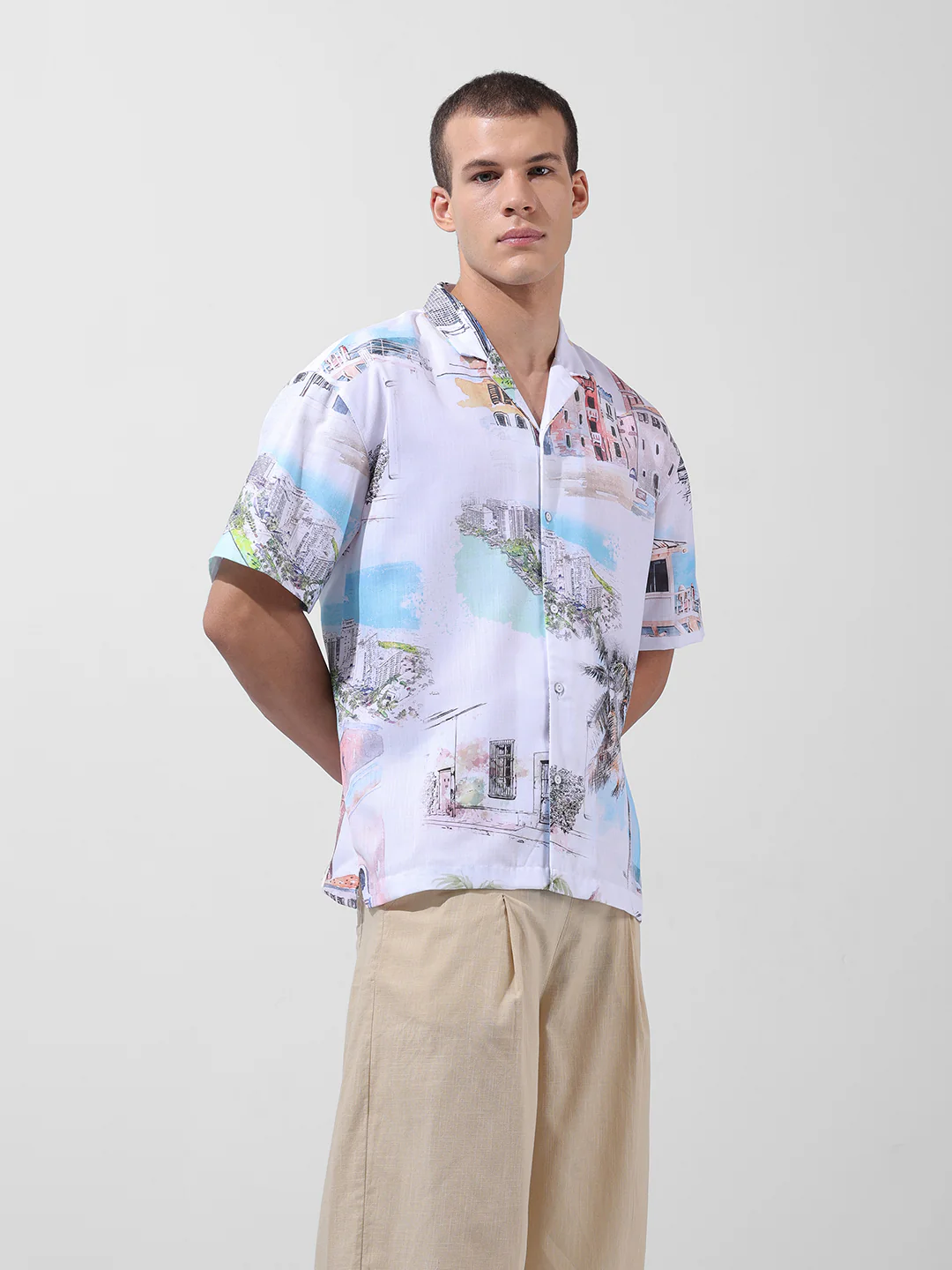 Men's White Relaxed Fit Printed Resort Wear Shirt - Image 3