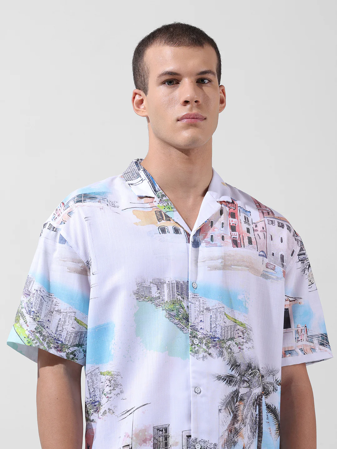 Men's White Relaxed Fit Printed Resort Wear Shirt - Image 5