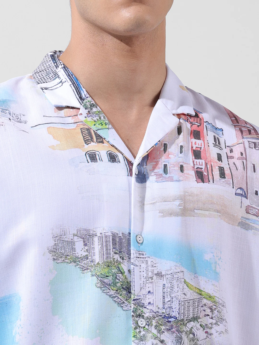 Men's White Relaxed Fit Printed Resort Wear Shirt - Image 6