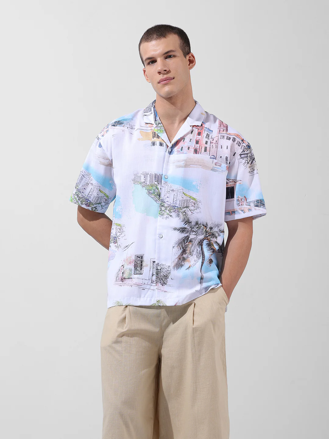 Men's White Relaxed Fit Printed Resort Wear Shirt - Image 7