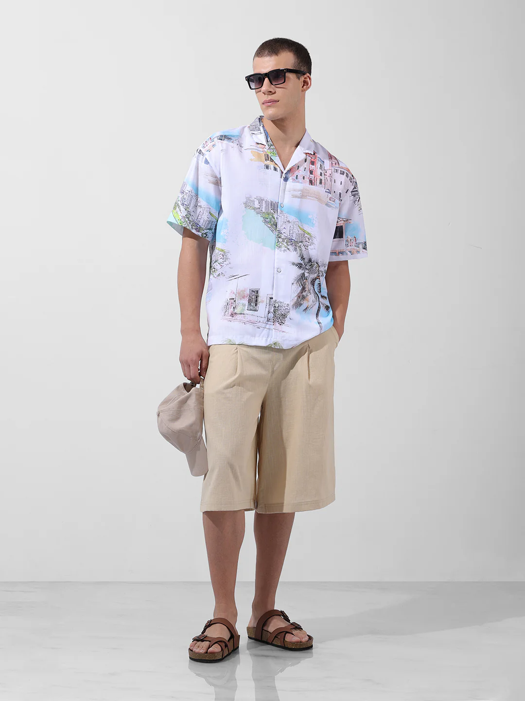 Men's White Relaxed Fit Printed Resort Wear Shirt - Image 8