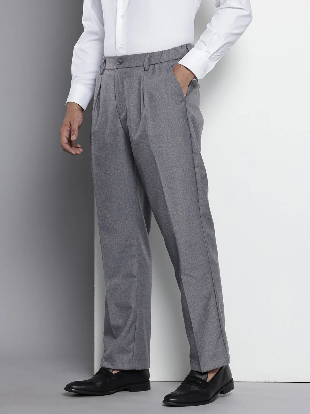 Men's Steel grey Relaxed Fit Checkered Formal Trouser - Image 2