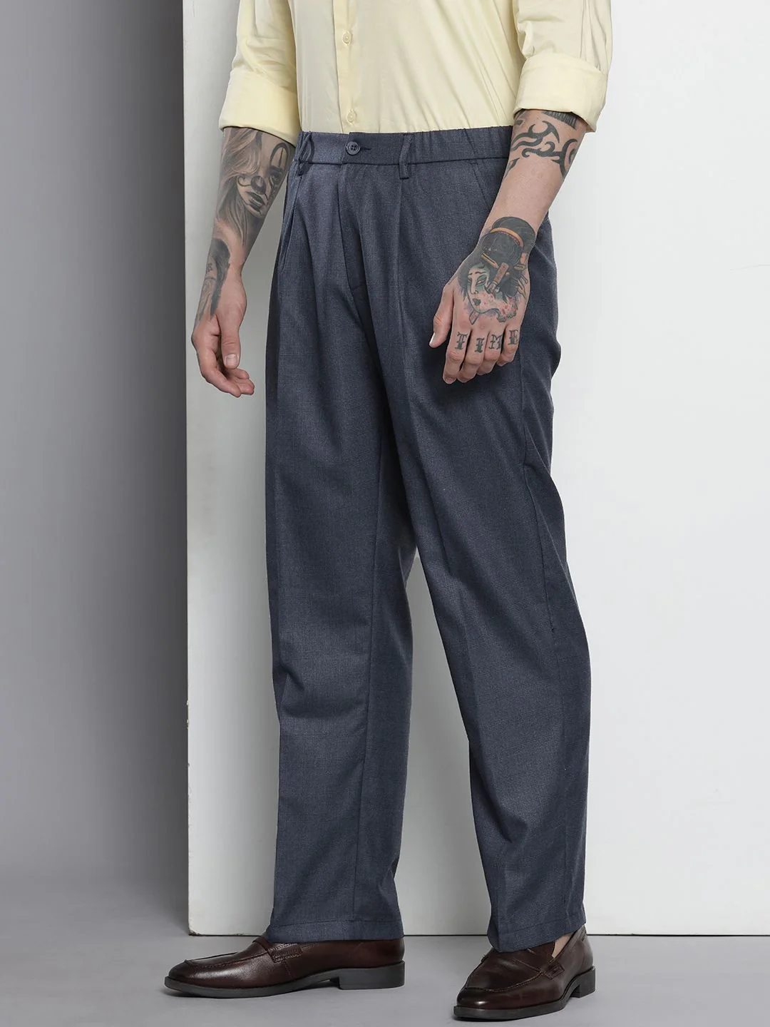 Men's Navy Blue Relaxed Fit Checkered Formal Trouser - Image 2