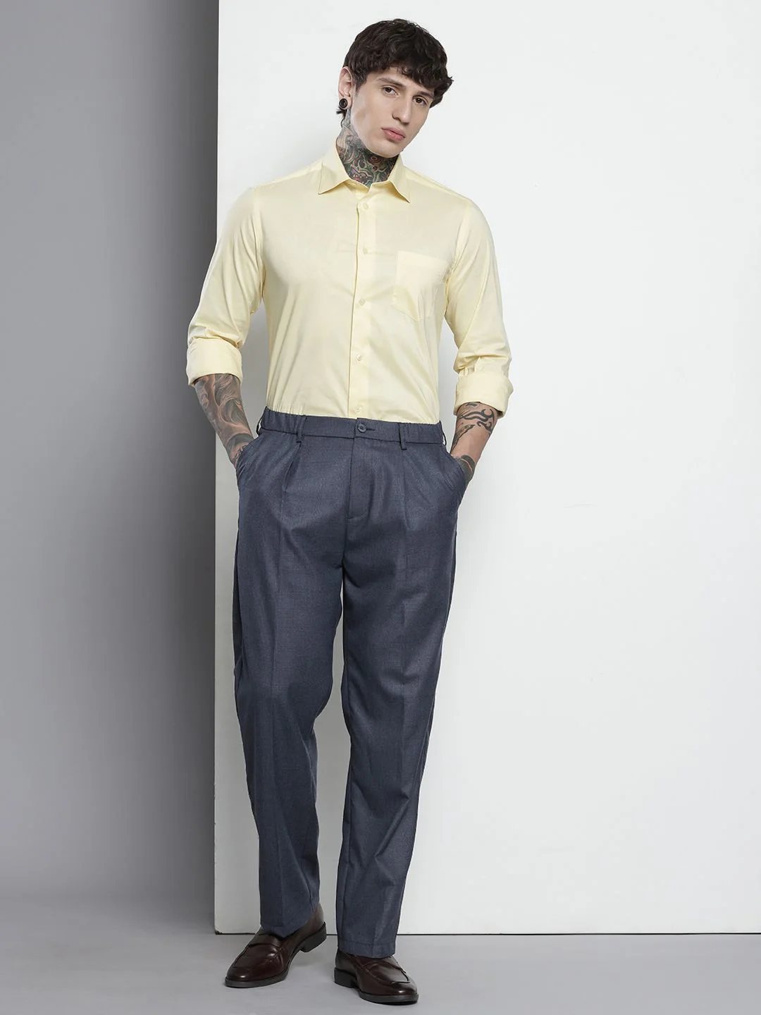 Men's Navy Blue Relaxed Fit Checkered Formal Trouser - Image 3