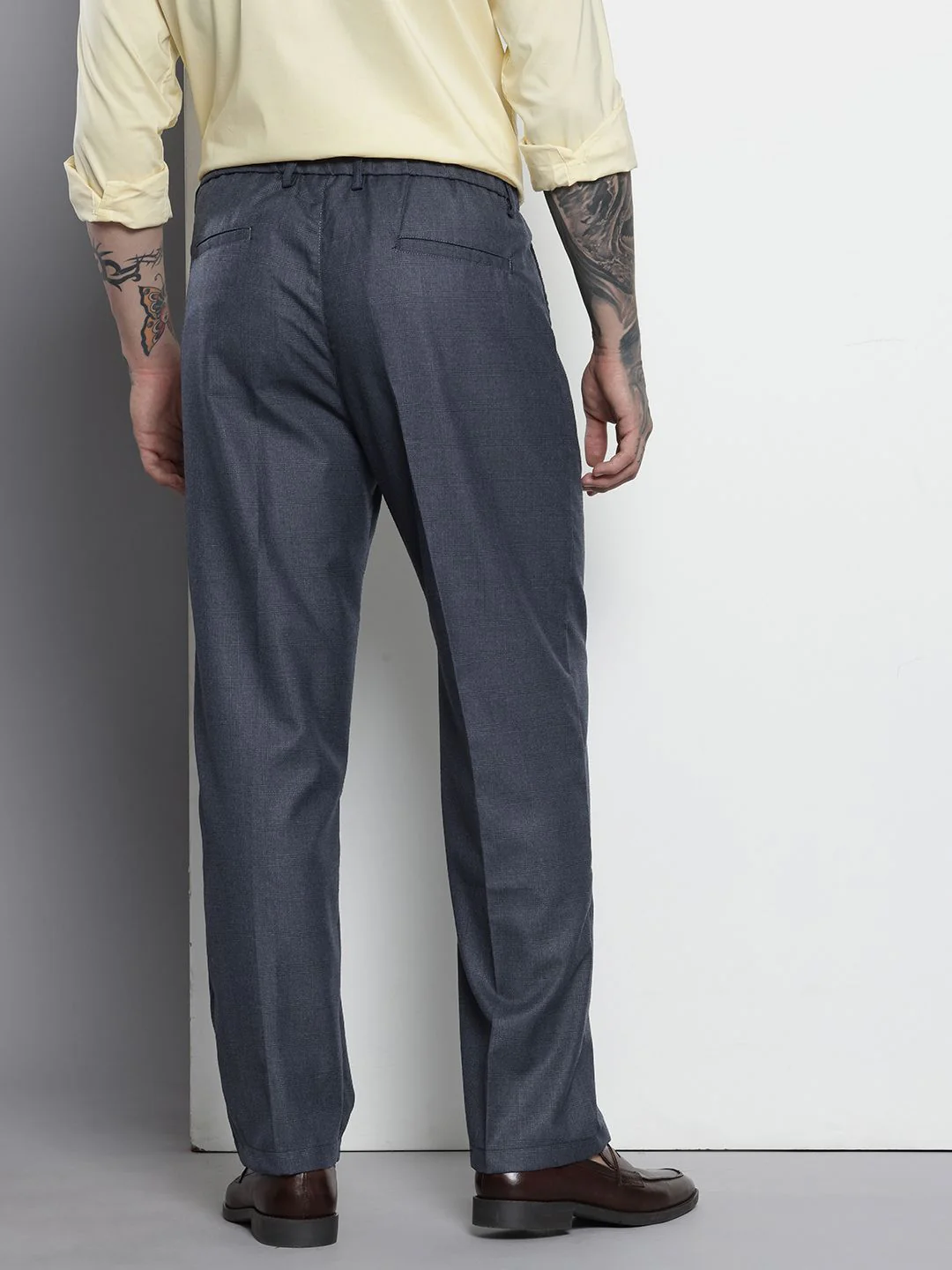 Men's Navy Blue Relaxed Fit Checkered Formal Trouser - Image 4
