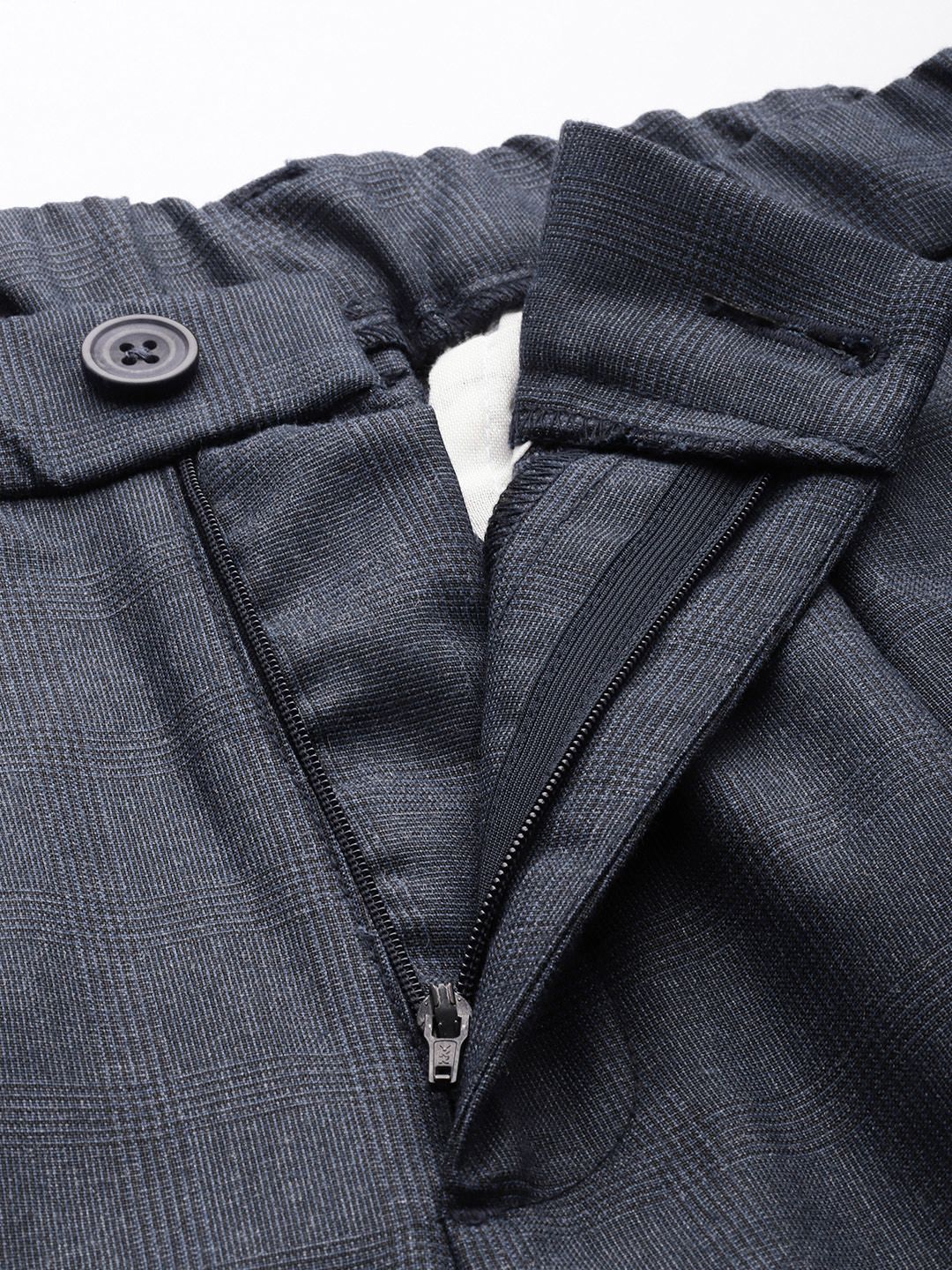 Men's Navy Blue Relaxed Fit Checkered Formal Trouser - Image 5