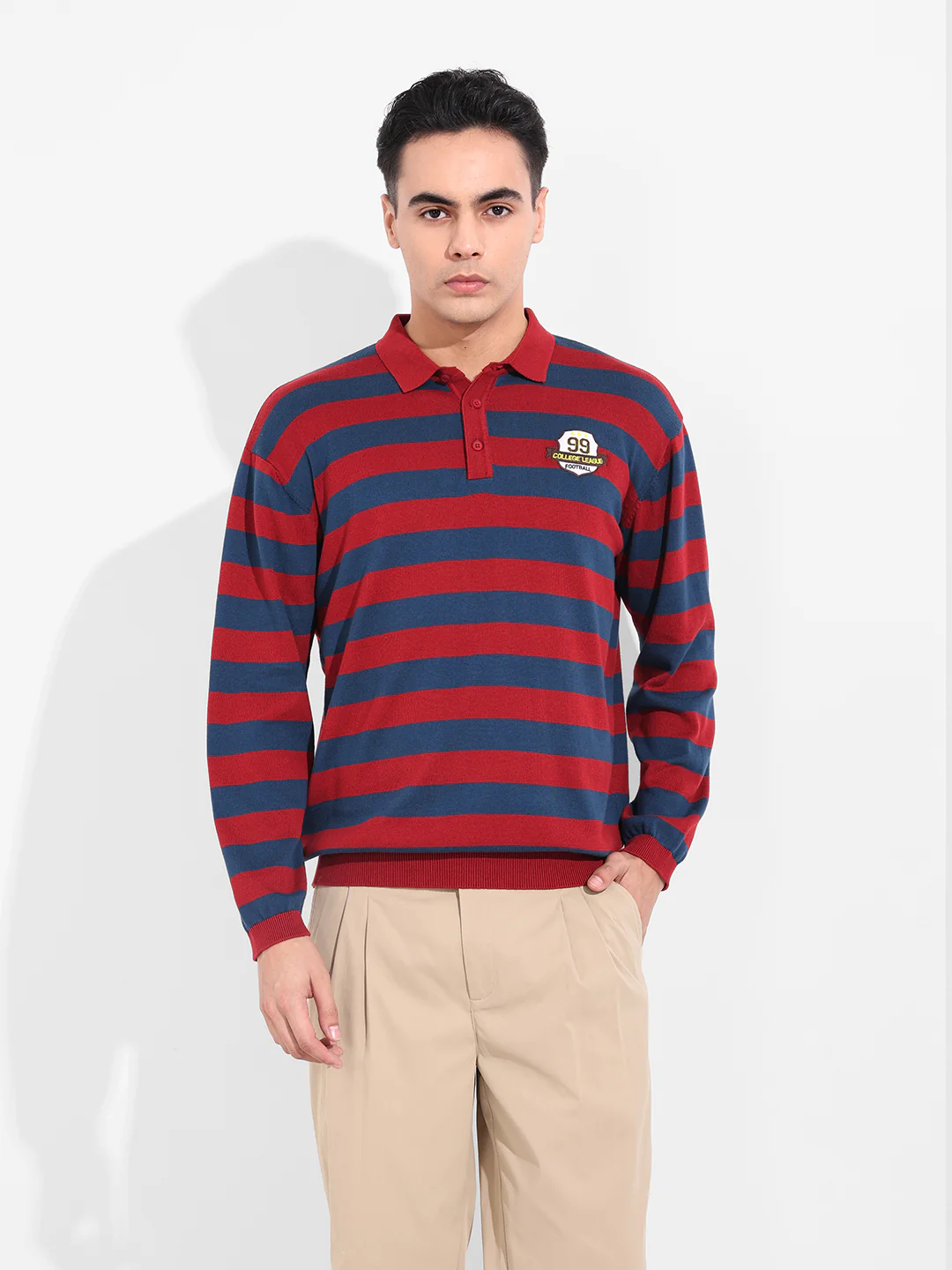 Men's Rust Oversized Fit Striped Flat Knit T-Shirt - Image 2