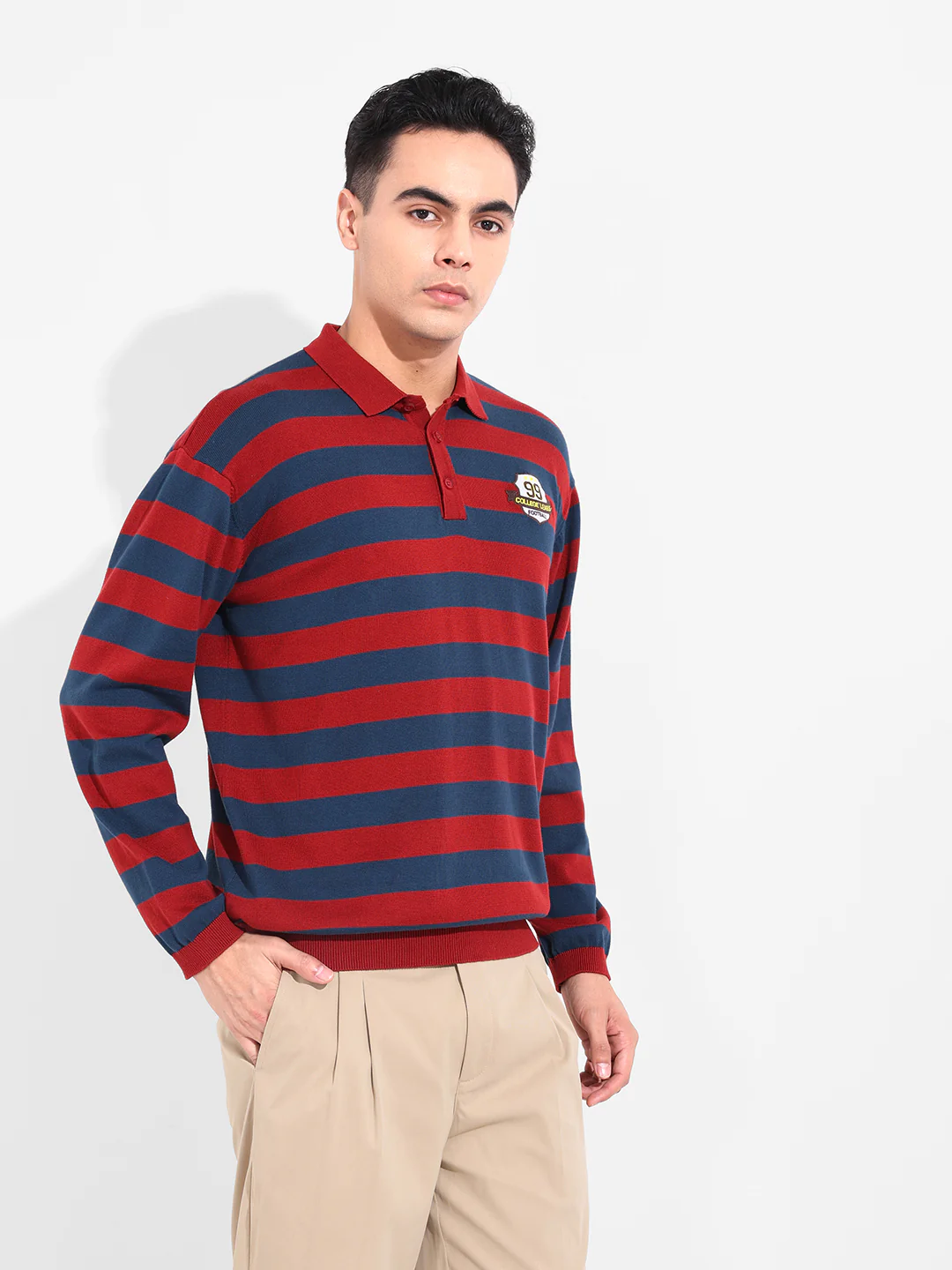 Men's Rust Oversized Fit Striped Flat Knit T-Shirt - Image 3