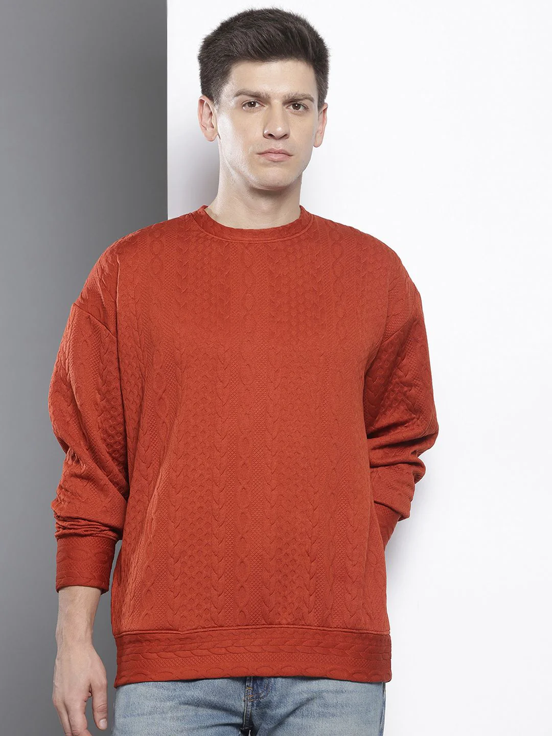 Men's Warm Amber Oversized Fit Textured Casual Sweatshirts - Image 3