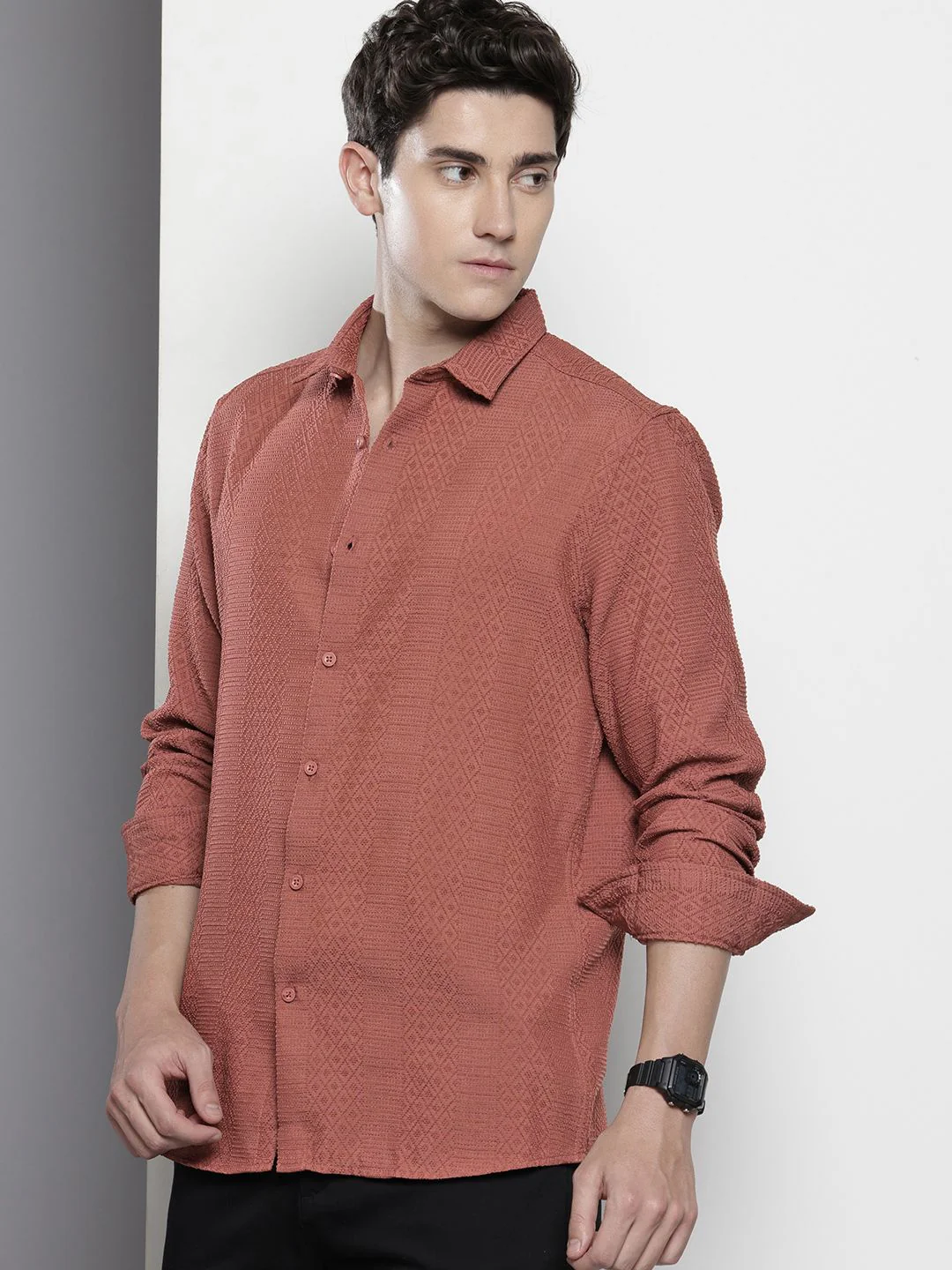 Men's Rust Regular Fit Solid Textured Shirt - Image 2