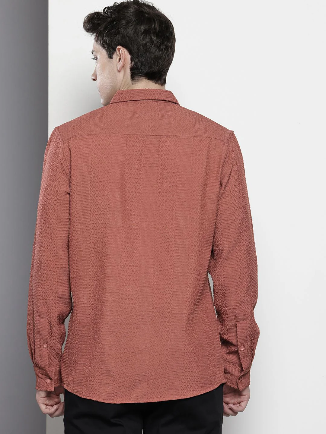 Men's Rust Regular Fit Solid Textured Shirt - Image 4
