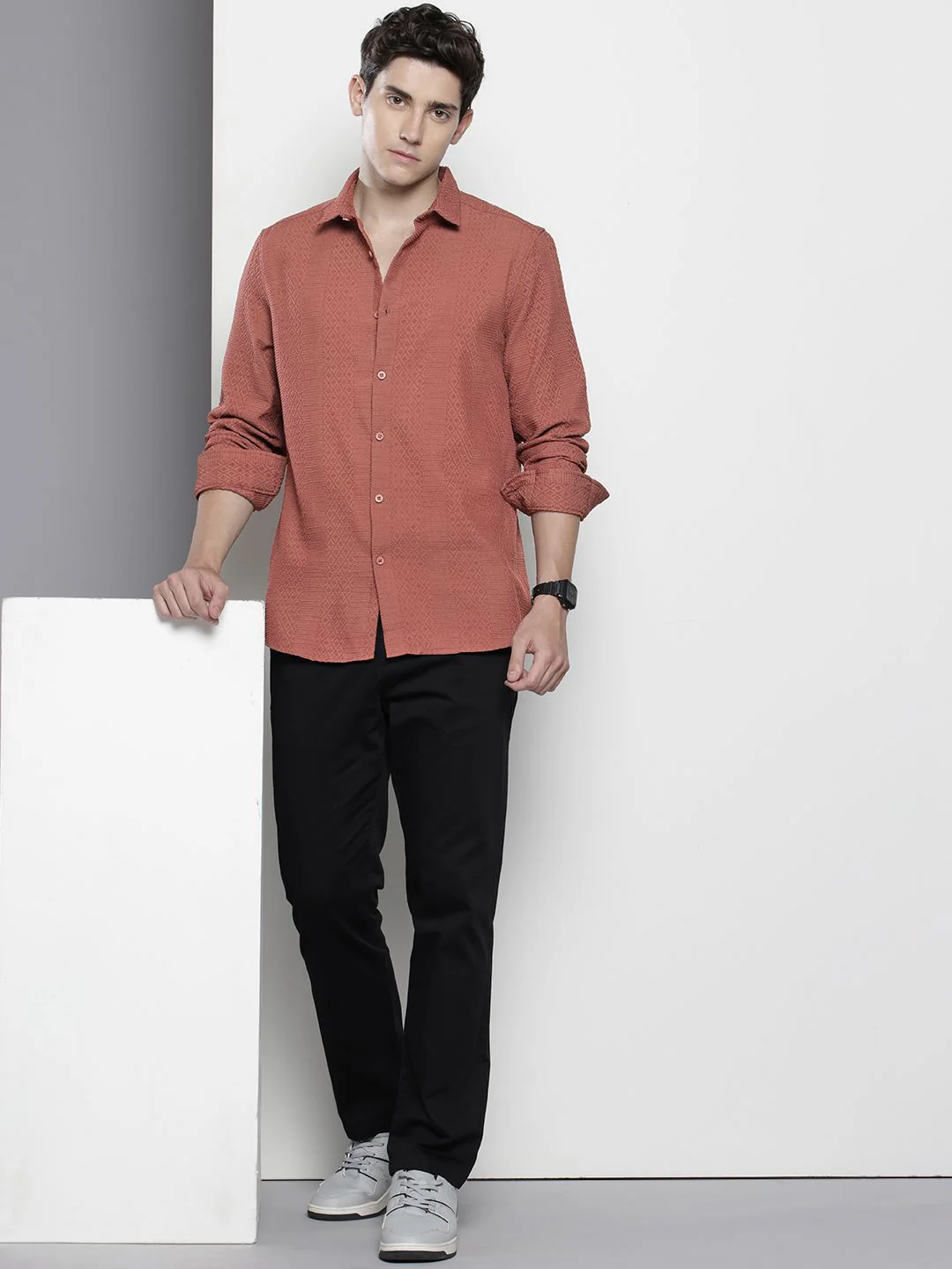 Men's Rust Regular Fit Solid Textured Shirt - Image 5