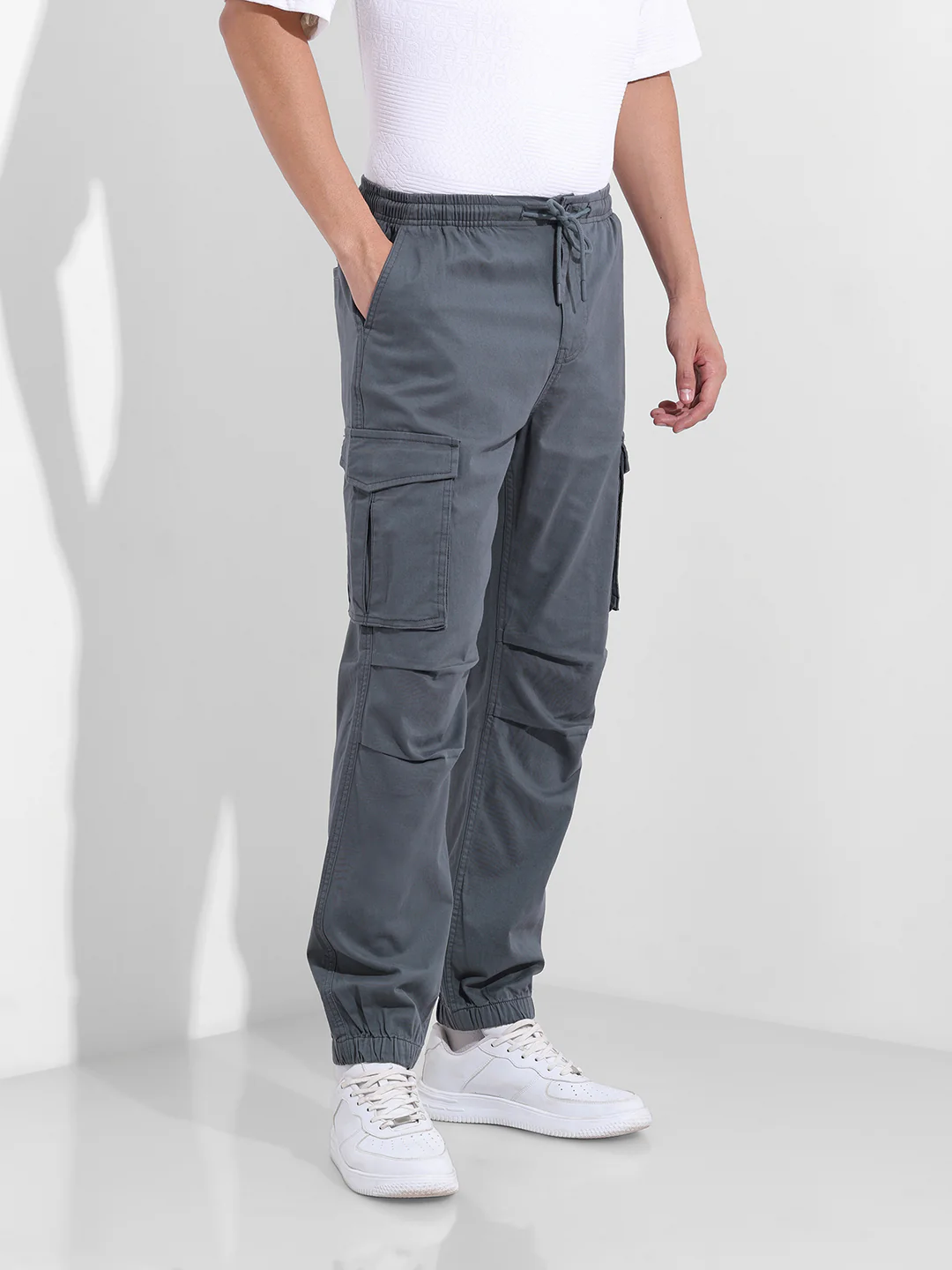 Men's Stone Blue Relaxed Fit Solid Utility Cargo - Image 3