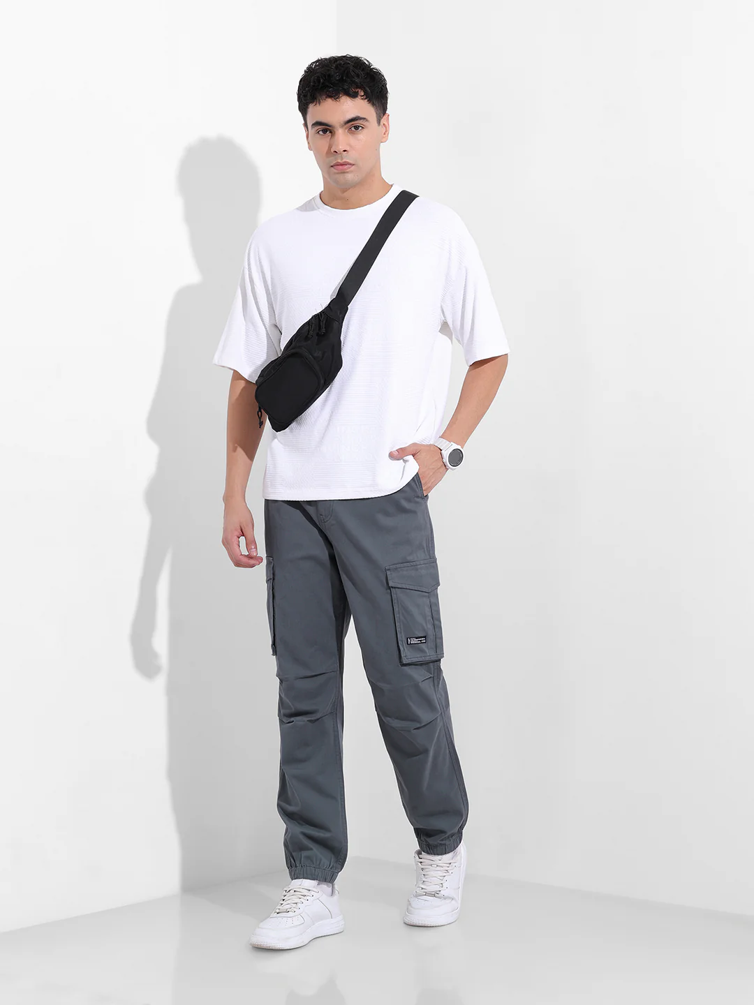 Men's Stone Blue Relaxed Fit Solid Utility Cargo - Image 7